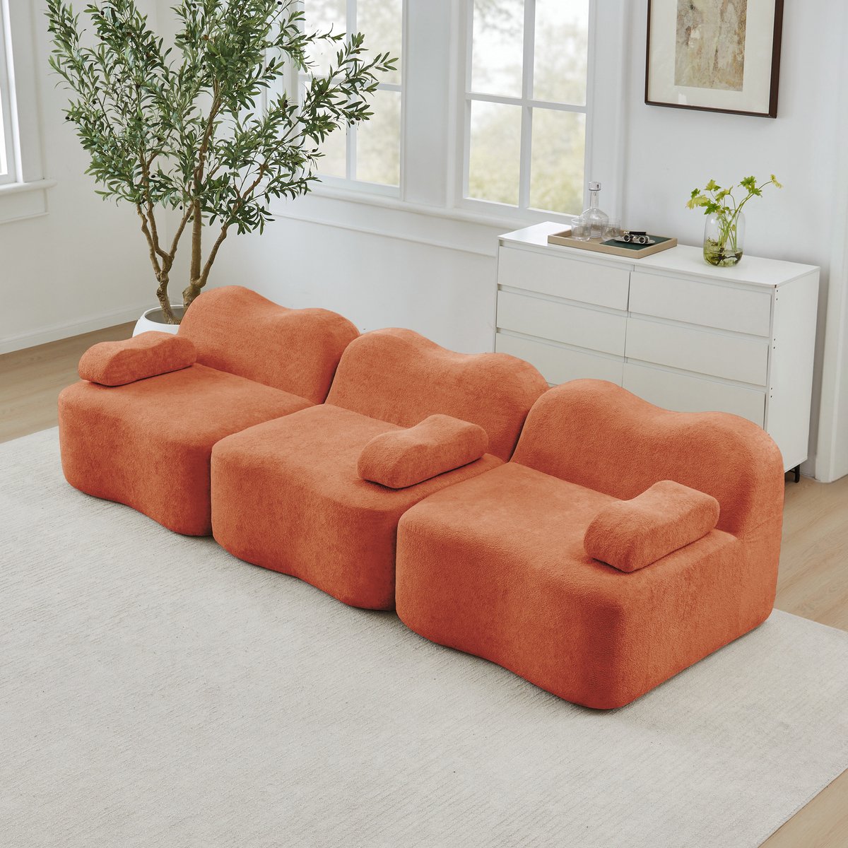 COVREO Bank 288 x 98 x 70 cm - oranje velvet, modulair, diepe zit