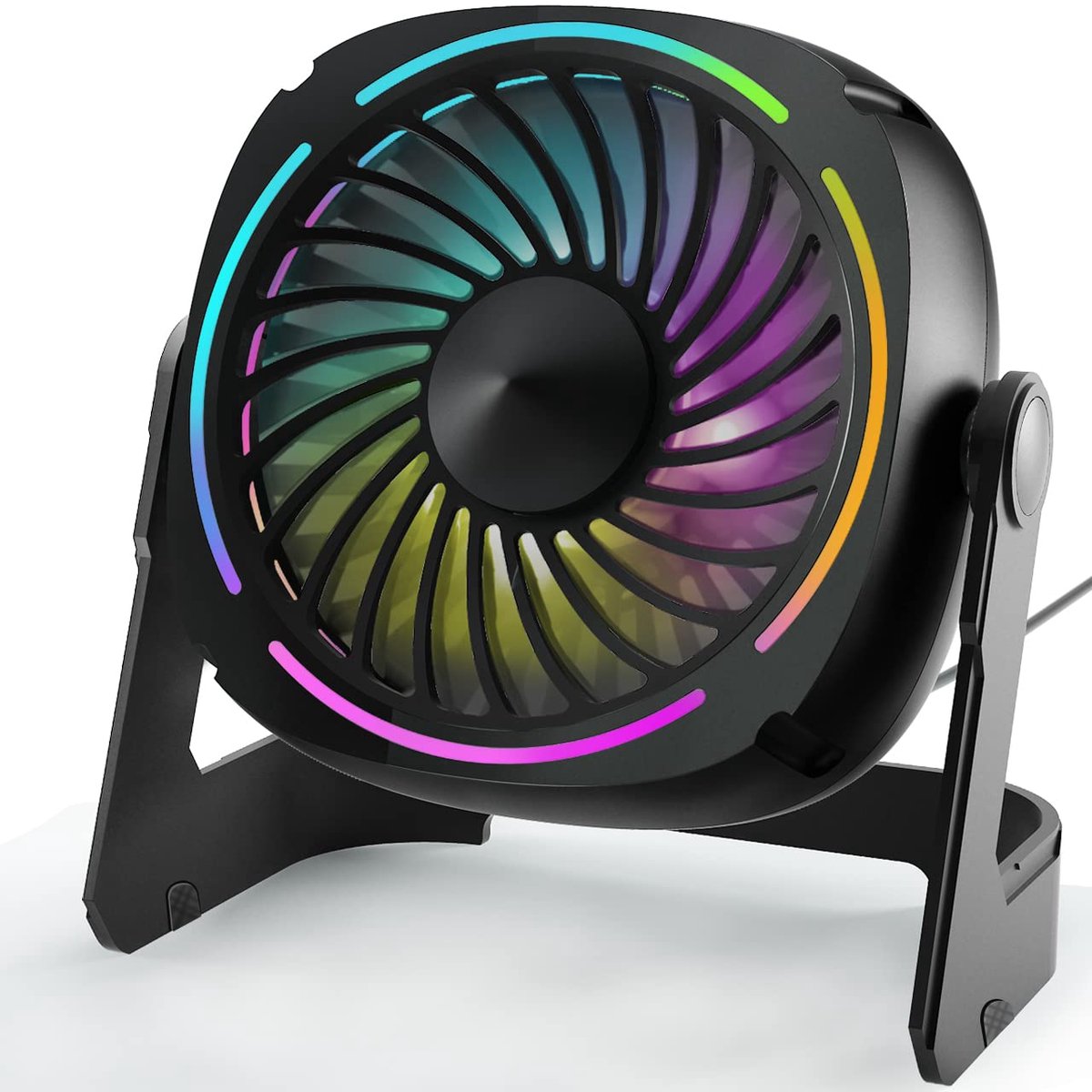 SnelShoppen - Kleine USB-ventilator 13,9 cm - Stille tafelventilator met 3 luchtstroomniveaus en 8-kleurige LED-lampen - 360 graden draaibaar - Draagb