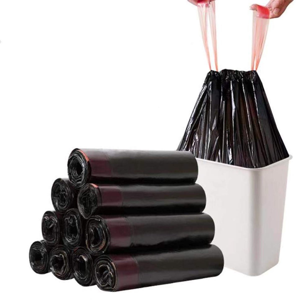 SnelShoppen - Madeb Drawstring Bin Liner 9-12 L - Zwarte Afvalzakken met Touwtjes - 180 Stuks - Ideaal voor Keuken, Tuin, Feesten en Camping