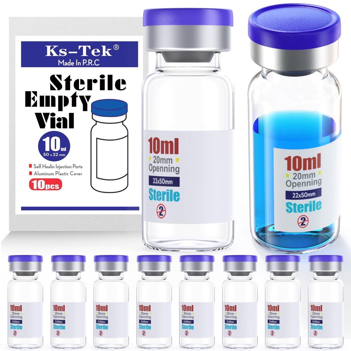 SnelShoppen - Steriele Lege Flesjes met Self Healing Injection Port en Flip Off Aluminium Cap - Steriel Pakket van 10 Stuks - 10ml - Ideaal voor Medis