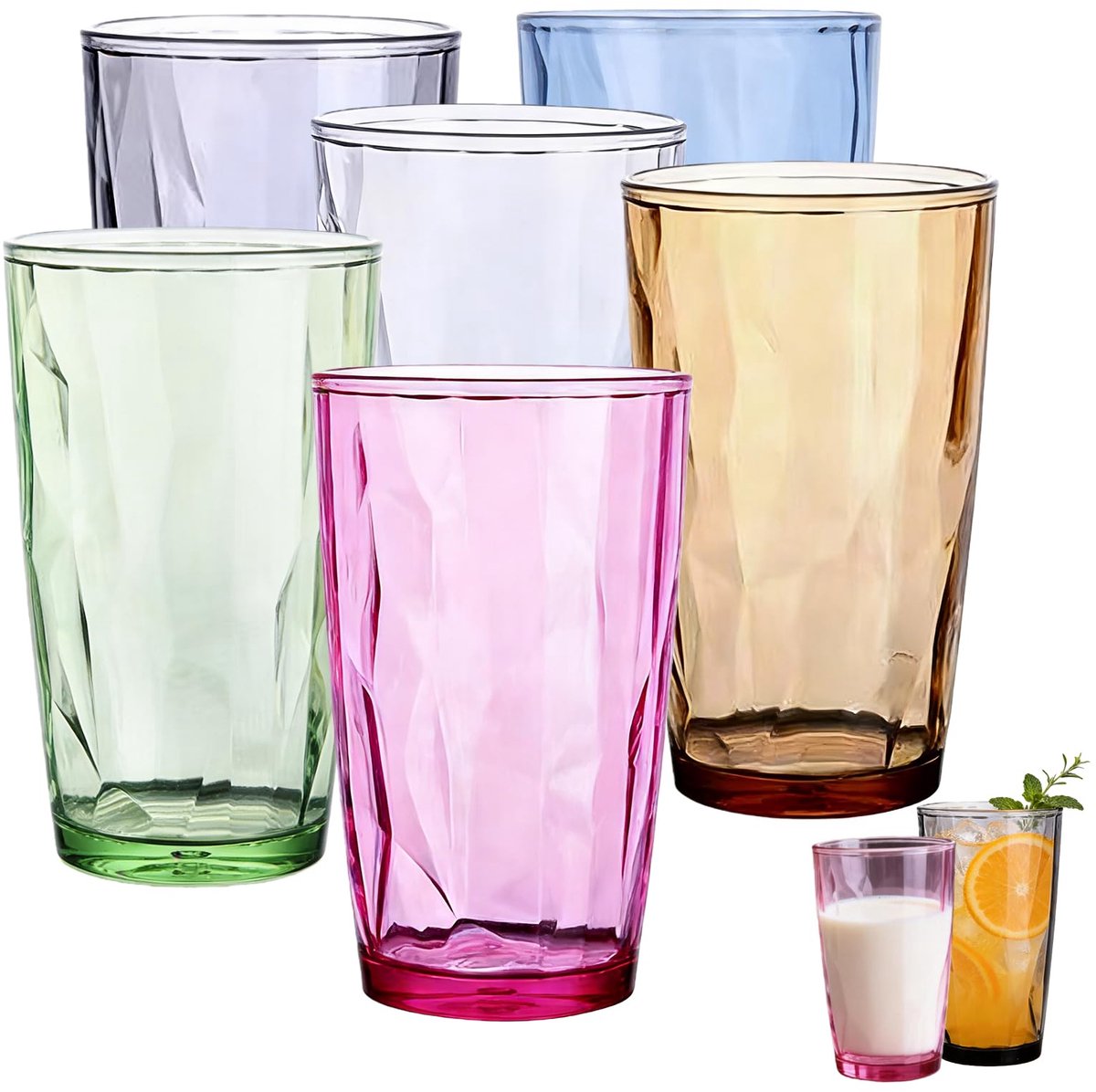 SnelShoppen - 6 Stuks 500 ml Kleurrijke Acryl Drinkglazen Set - Cocktailglazen, Longdrinkglazen, Sapglazen voor Thuis, Horeca, Feest, Tuin, Keuken