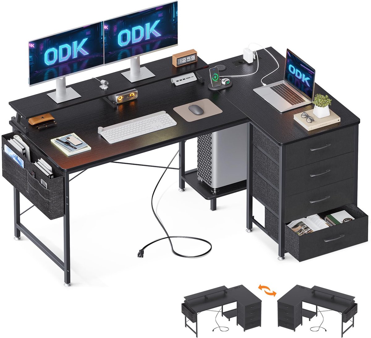 SnelShoppen - ODK Hoekbureau L Vormig Bureau met 2 USB-laadpunten, 2 Stopcontacten, Omkeerbaar Computerbureau met 4 Laden en Schermplank voor Thuiswer