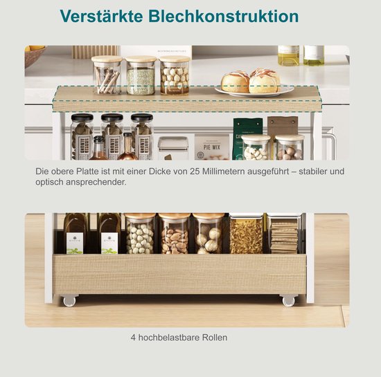 FloraGrace Opbergwagen - 20 Cm Smal - 4 Verstelbare Planken - MDF - Wit met Houtlook - Op Wielen Voor Keuken, Badkamer en Voorraadkast — afbeelding 3