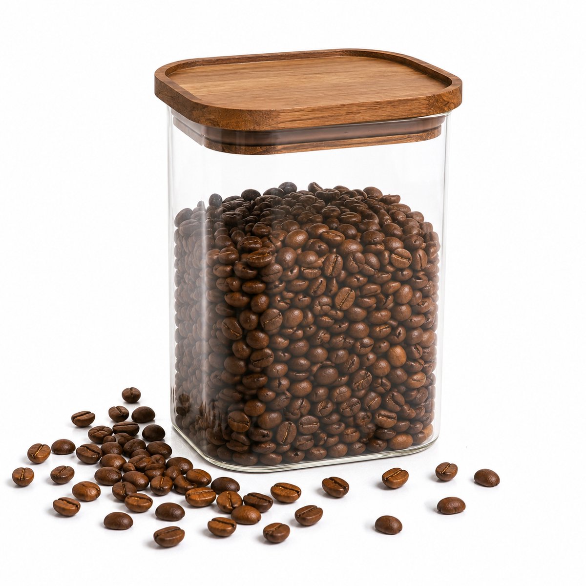 Glazen Voorraadpot 900 ml – Rechthoekige Bewaarpot met Houten Deksel – Luchtdichte Voorraadbus voor Koffie, Thee, Rijst, Noten en Suiker – Transparant/Bruin