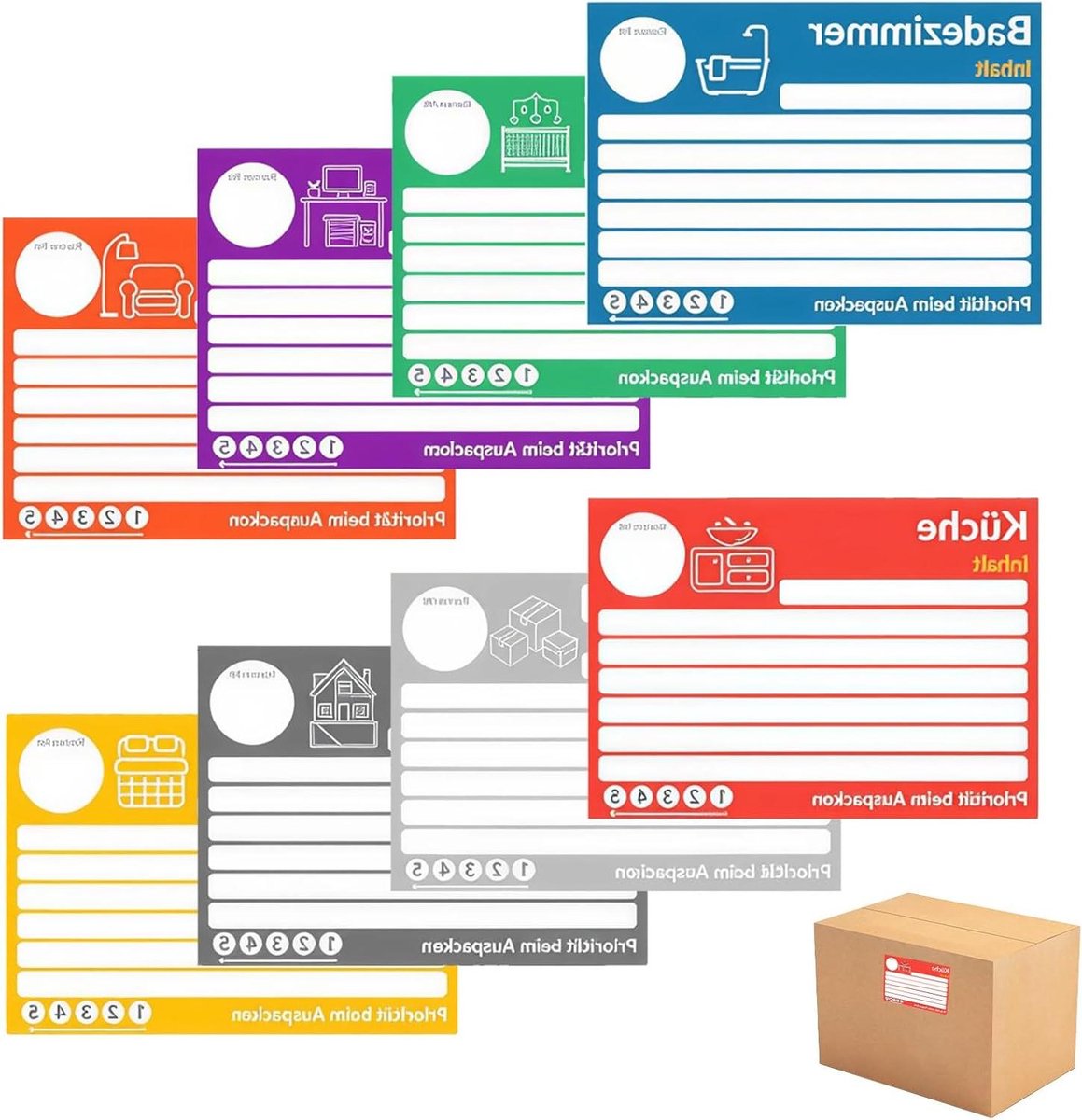 Verhuisdozen Stickers - Verhuislabels Organisatie - Dozen Markeren - Residuvrij Verwijderbaar - 15 x 10 cm - 8 Kleuren