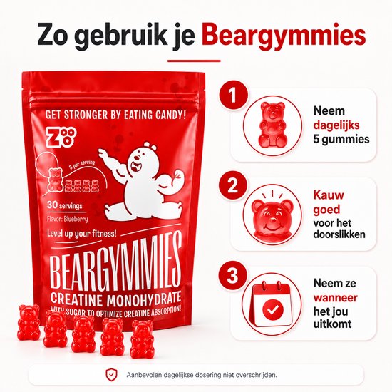 Rode zak met "BEARGYMMIES CREATINE MONOHYDRATE". 5 rode beren snoepjes, genummerde instructies. "Zo gebruik je Beargymmies".