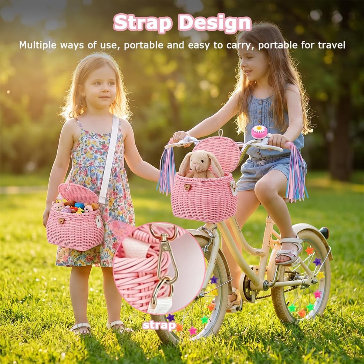SnelShoppen - Hojalis Fietsmand voor Kinderen - Afneembare Fietsmand met Fietsbel en Band - Handgeweven Rugzak voor 12 Inch Fiets, Loopfiets - 35 Ster