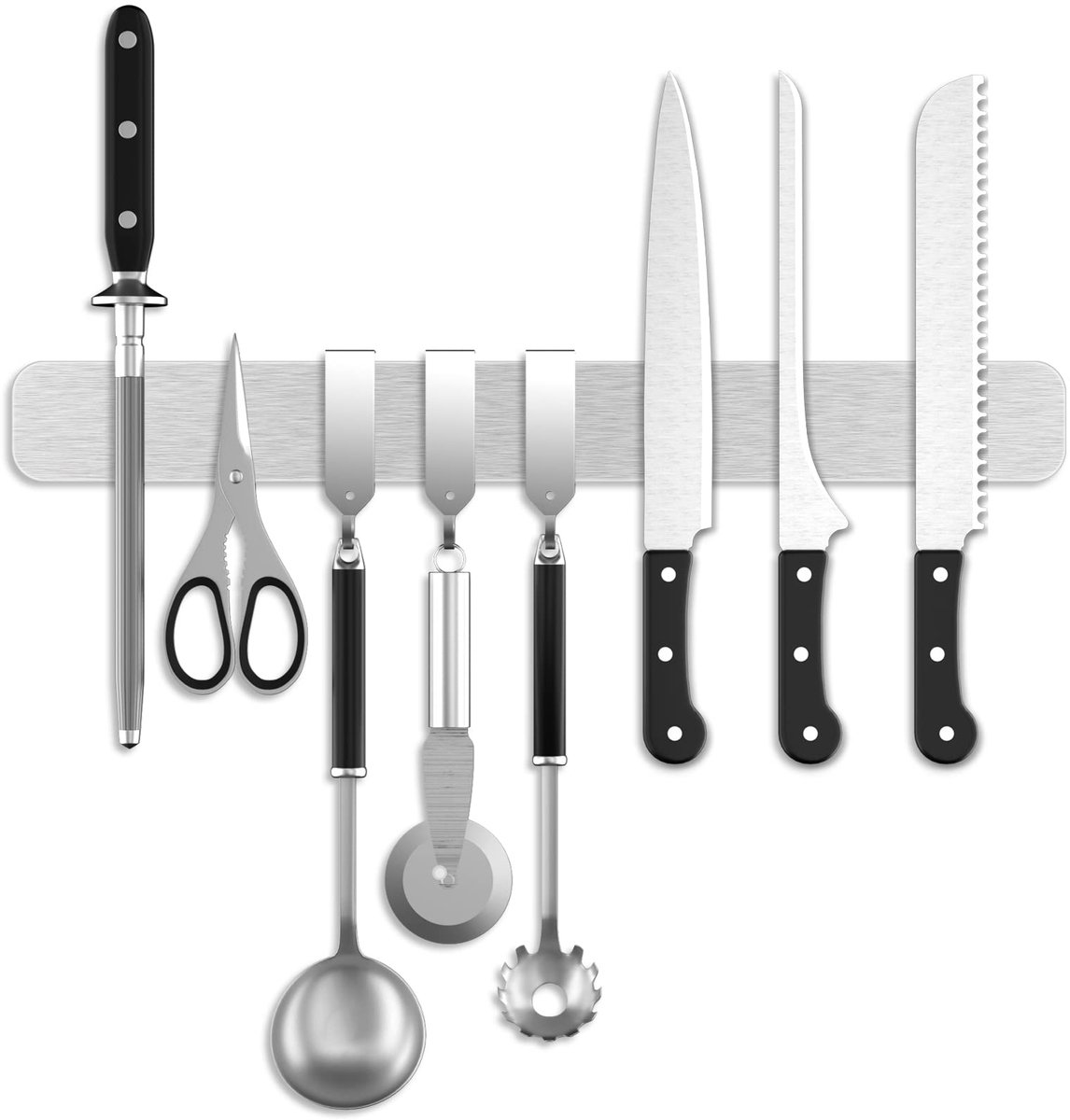 SnelShoppen - Fohil Magneetstrip Messenhouder 40cm - Roestvrij Staal Magnetisch Keuken Gereedschap met 3 Haken - Eenvoudige Wandmontage voor Keukenacc