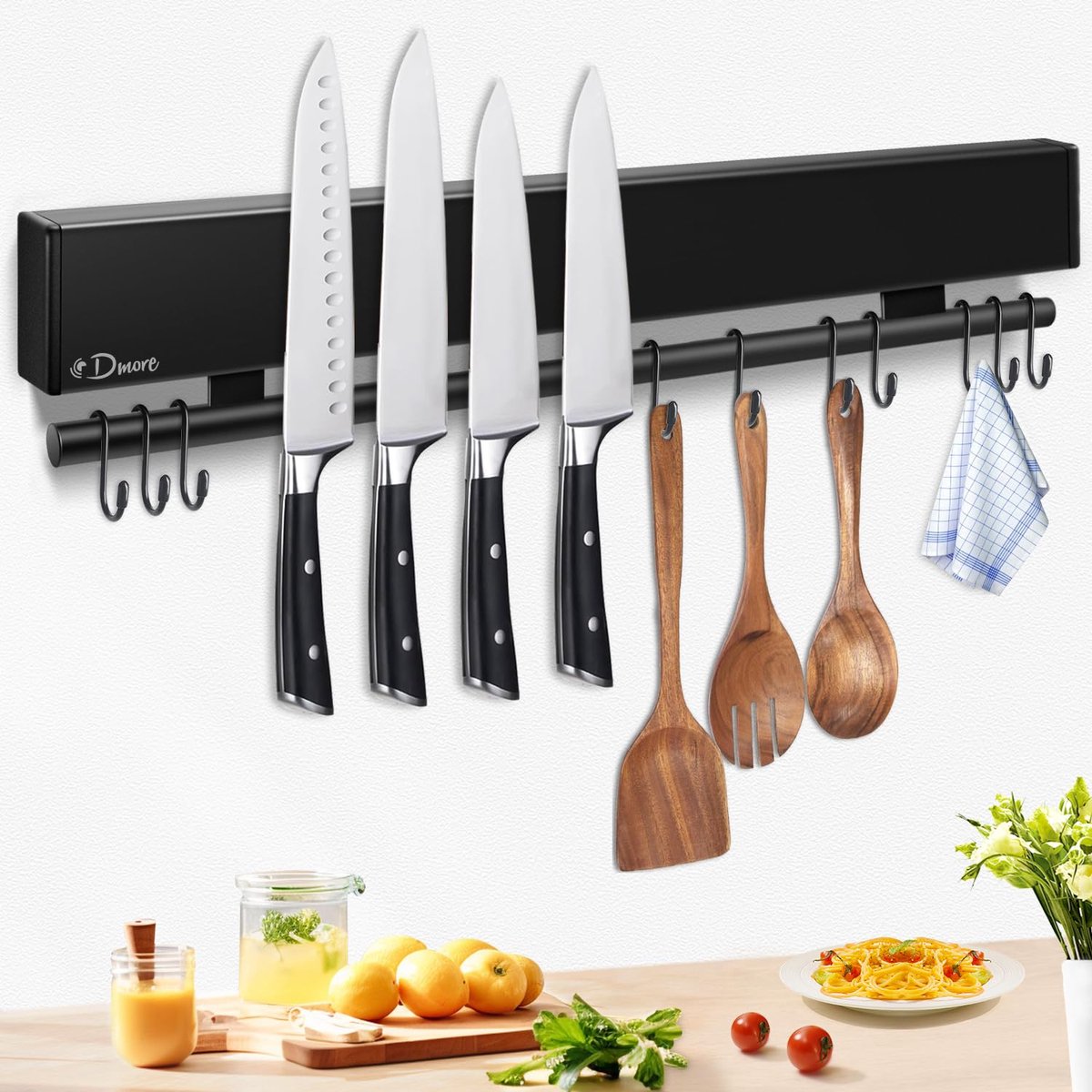 SnelShoppen - Magneetstrip voor Messen met 10 Haken, 43 cm, Zwarte Magnetische Messenhouder, Extreem Zelfklevend met Plakband en Schroeven, Ideaal voo
