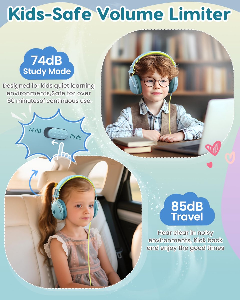 SnelShoppen - Kinderhoofdtelefoon met Kabel, Over-ear, Volumegrens 74/85 dB, HD Stereogeluid, Opvouwbaar, Groen Geel, Voor School, Tablet, PC, Veilig