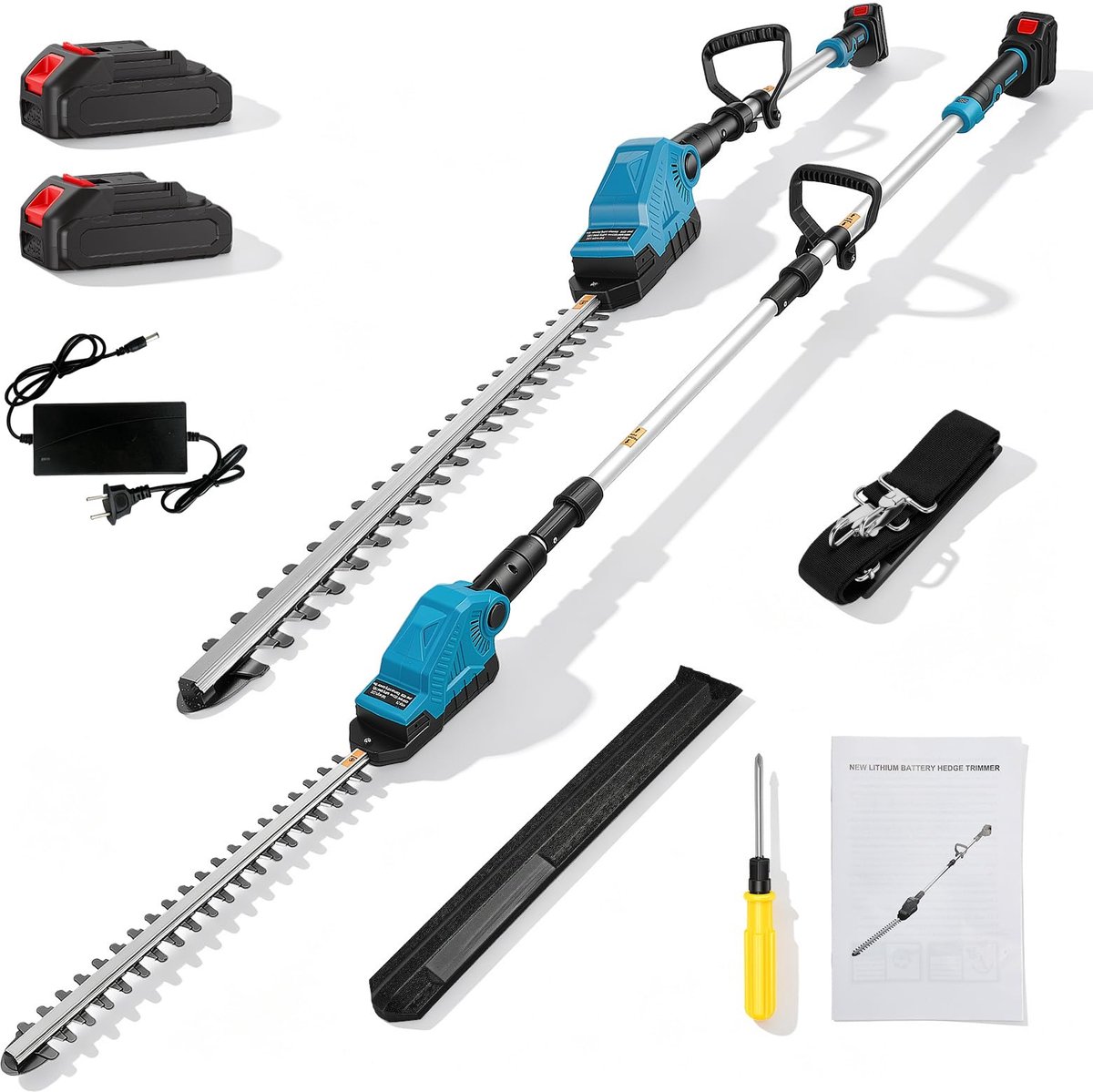 SnelShoppen - Telescopische Heggenschaar Accu met 2×2.0Ah Batterij, 550W, 22000U/min, 16" Dubbel Mes, 90° Verstelbare Kop, 2,80m Steel voor Tuin en St