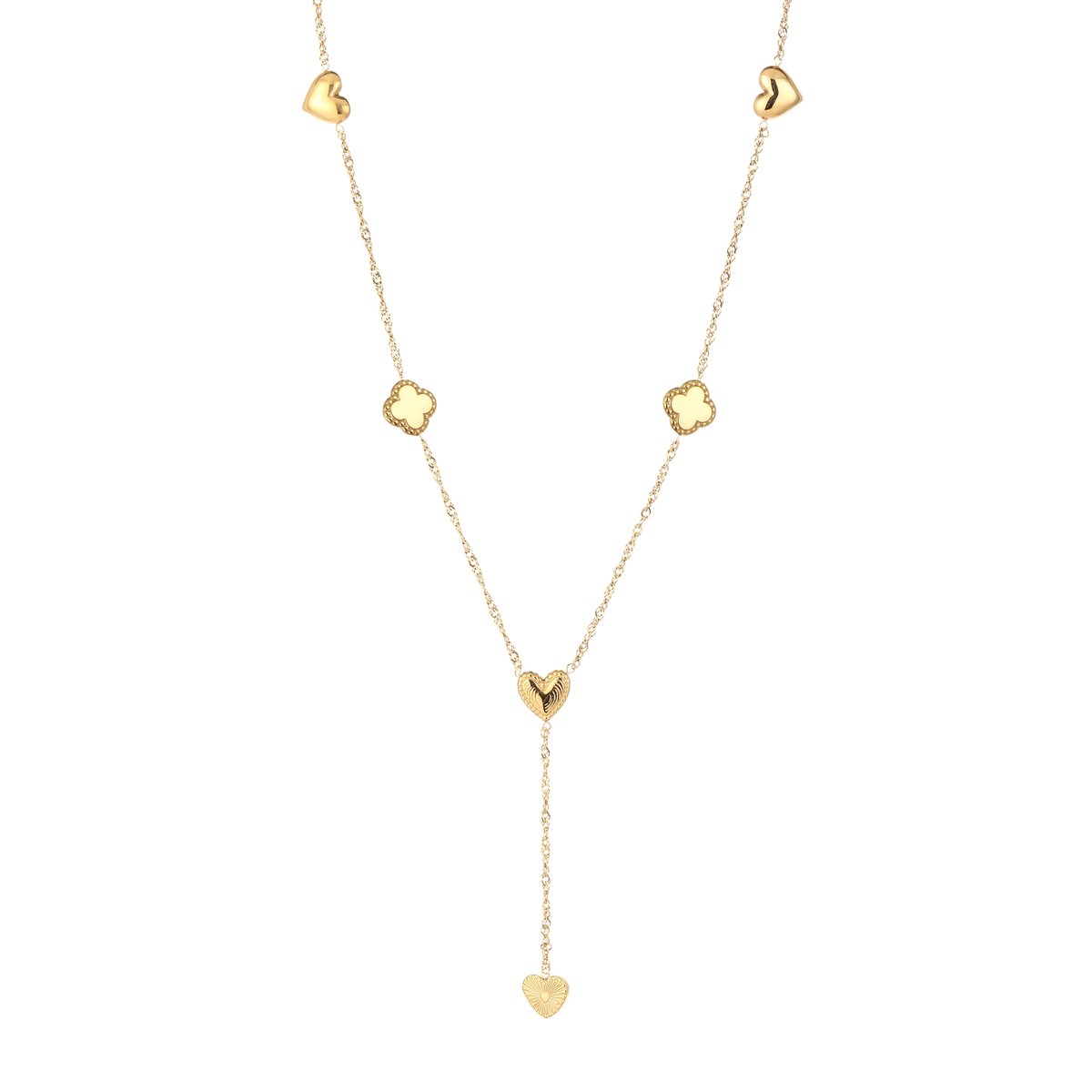 Luxe Y-Ketting Stainless Steel - Elegante Schakelketting met Subtiele Klaver Bedels - Chique Dames Sieraad - Goud