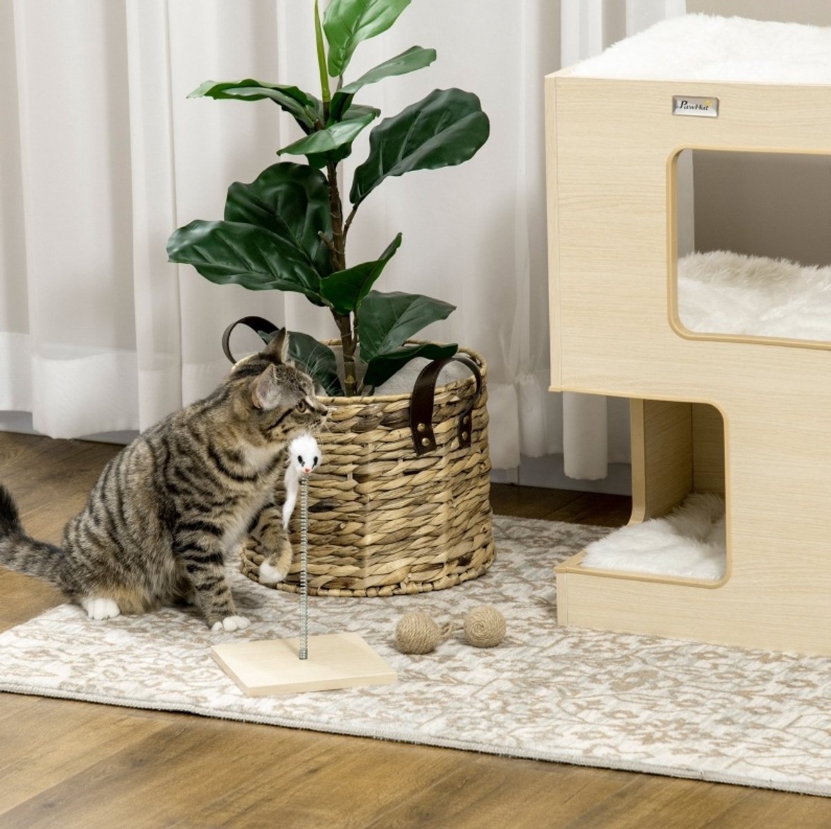Wishdor Katzentonne - kattenhol met meerdere niveaus - met speelbal en veerspeeltje - eikenhoutlook - pluche - 34 x 34 x 60 cm
