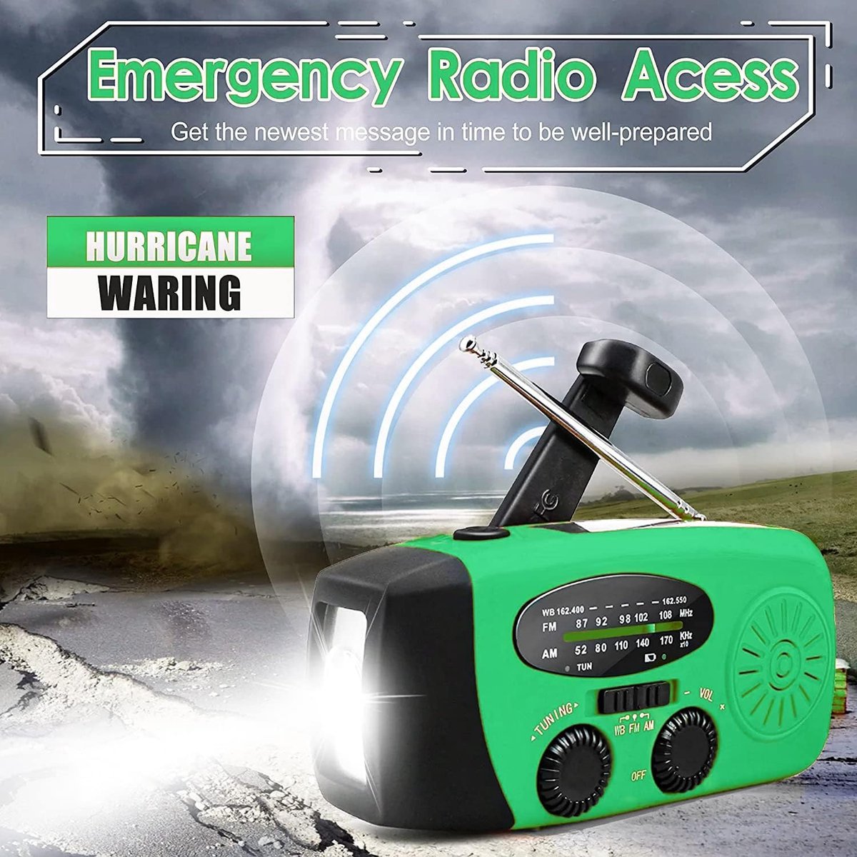 SnelShoppen - Emergency Solar Radio, Zelf-Aangedreven Crank Radio met LED Zaklamp, SOS Alarm, AM/FM, 2000mAh Batterij voor Smartphone Noodopladers (Gr