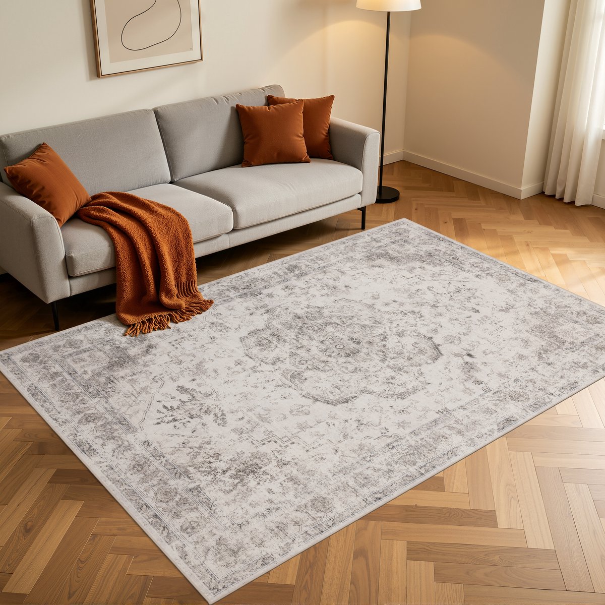 Vloerkleed Anka - Wasbaar - Vintage Vloerkleed - Oosters Design - 160X230 cm - Beige - Laagpolig - Geschikt voor Robotstofzuiger - Woonkamer Vloerkleed