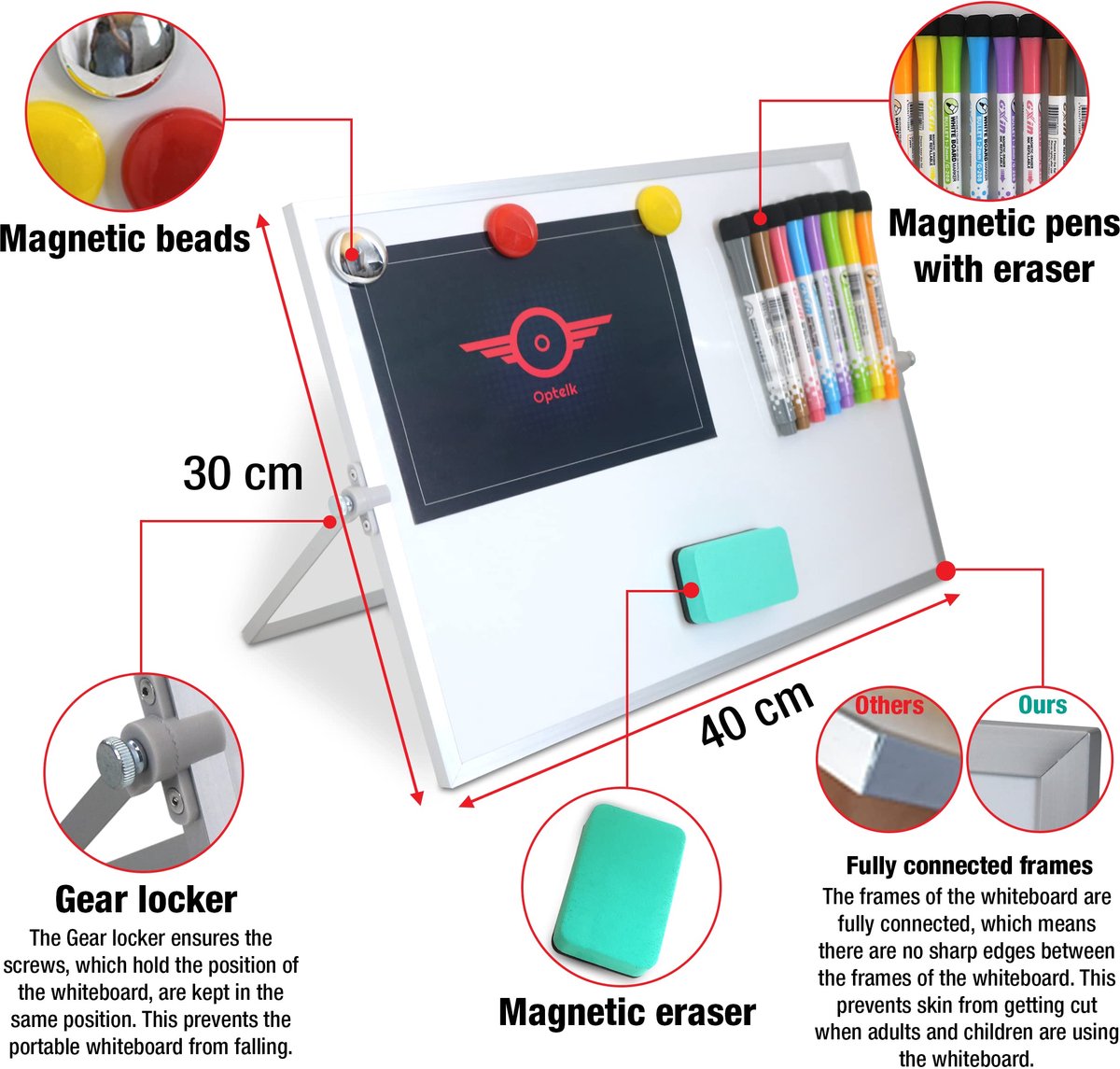 SnelShoppen - A3 Magnetisch Whiteboard met Standaard - Draagbaar Dubbelzijdig Mini Schrijfbord 40 x 30 cm voor Kinderen, Thuis, School en Kantoor - In