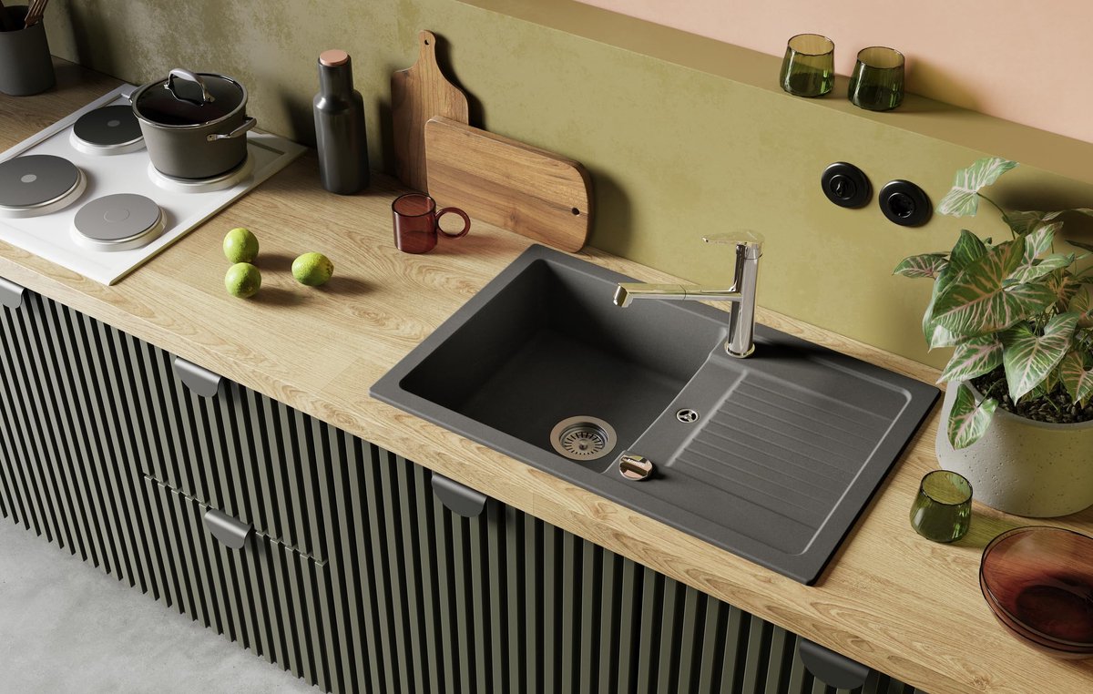 SnelShoppen - Keukenaanrecht 78 x 50 cm met Granieten Spoelbak - Cristalite Lima D-100S Croma voor Onderkast vanaf 50 cm - Perfect voor Keuken & Koken