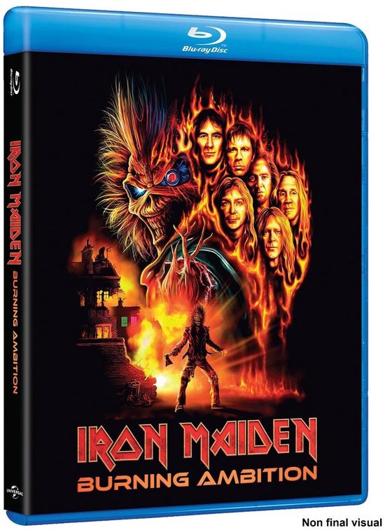 Blu-ray hoes van Iron Maiden: Burning Ambition met de bandleden en Eddie in vlammen, met op de achtergrond een brandend gebouw.