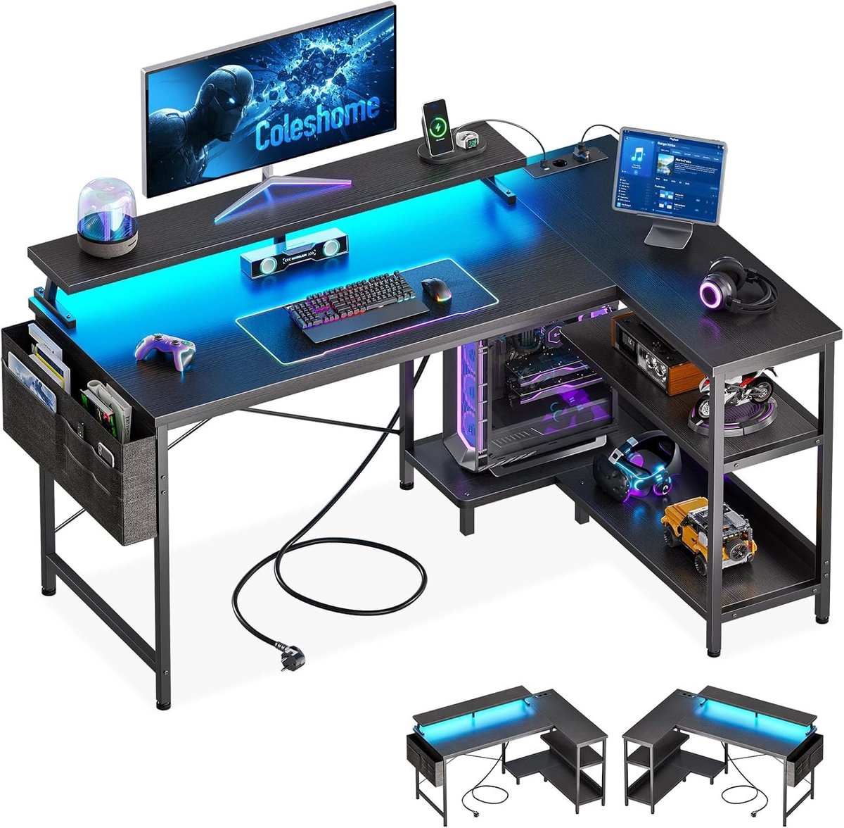 SnelShoppen - Coleshome Gamingbureau met LED Verlichting, L-vormig Hörnbureau met Omkeerbare Planken, Gaming Bureau met Stopcontacten en USB, Zwart 10