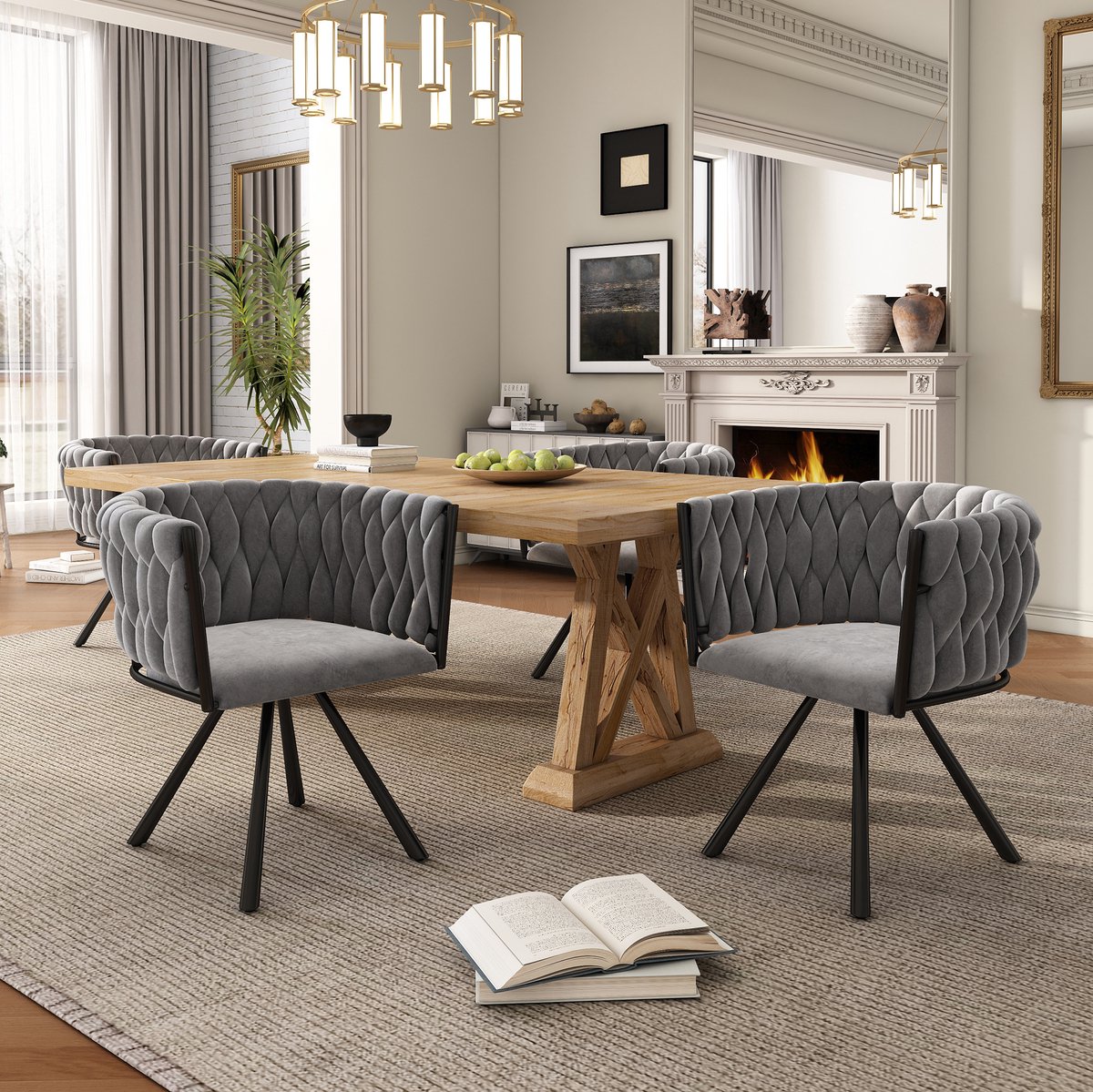 COVREO Eetkamerstoel set van 4 59 x 54 x 72 cm grijs velvet met 360 graden draaifunctie