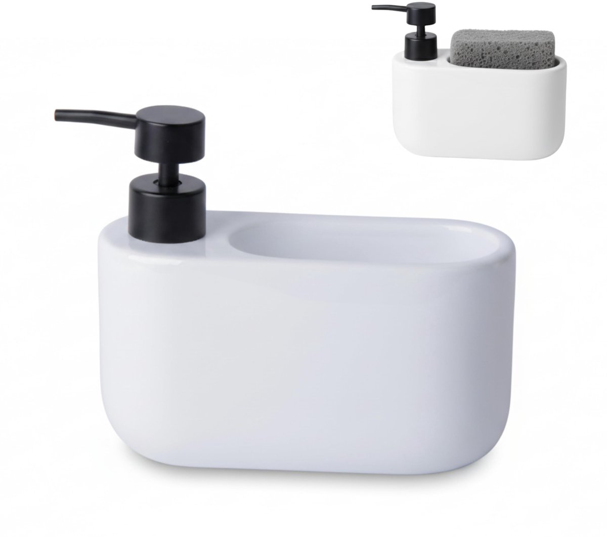 SnelShoppen - Kook Time Zeepdispenser Keuken met Sponshouder 520 ml CURVE - Keramische Afwasmiddeldispenser en Organizer voor Aanrecht - Smal Design 1