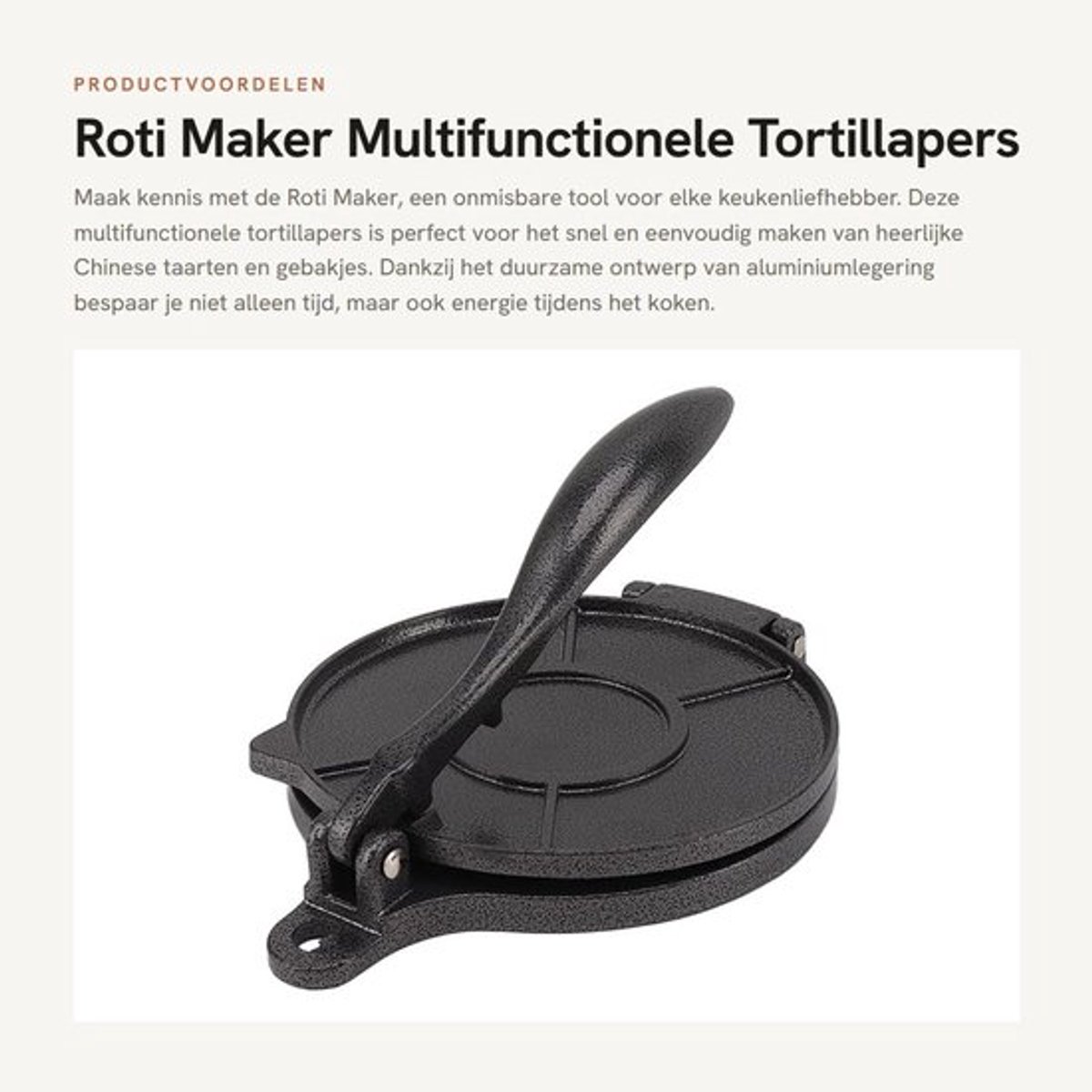 Tortillapers 20 cm - Duurzaam Aluminium - Multifunctioneel - Veilig en Hygiënisch - Efficiënt Gereedschap - Voor Chinese Taarten - Deegroller
