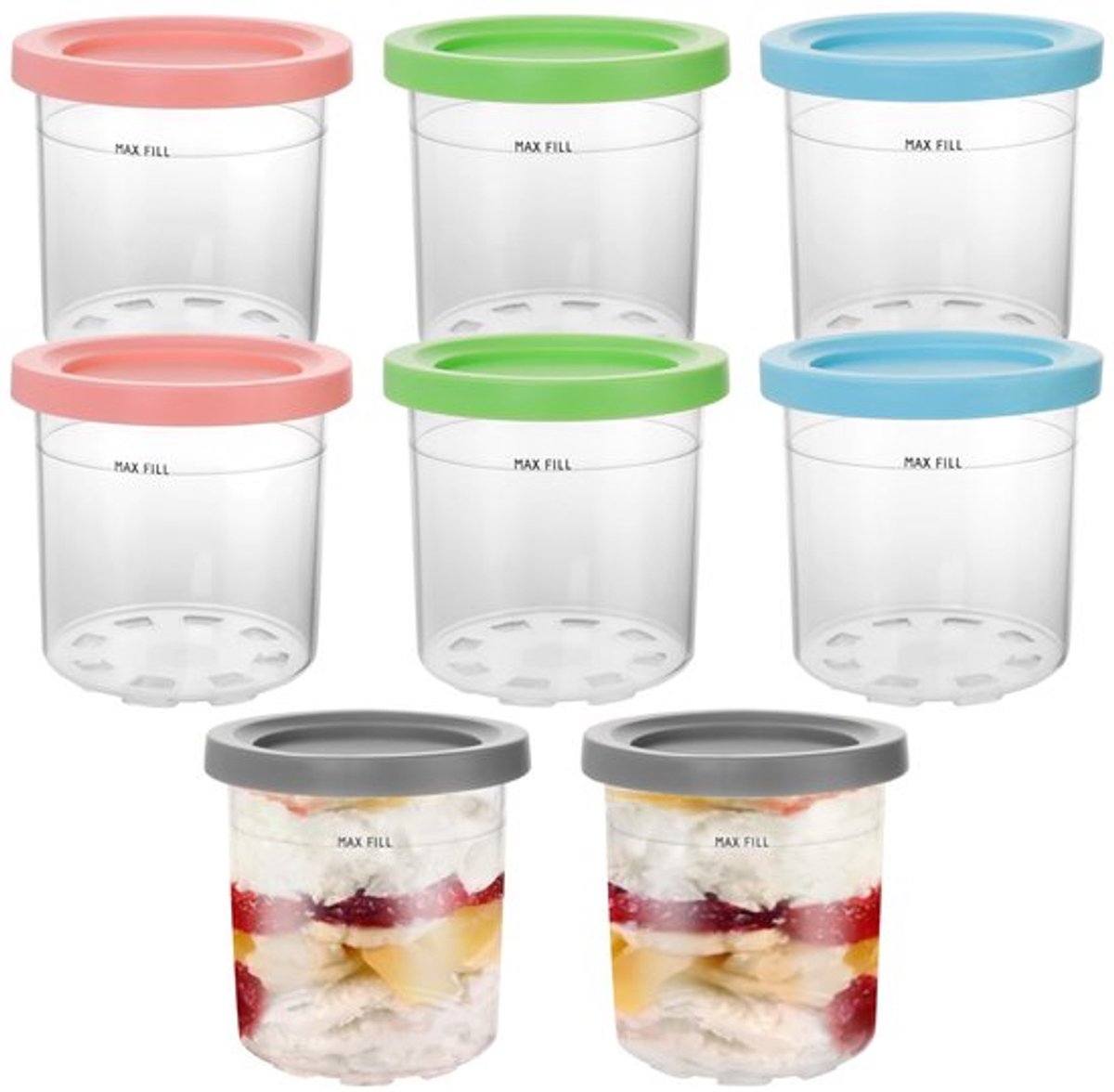 IJsbekers 450ml - Herbruikbare Ijsbekers - Deksel in 4 Kleuren - Plastic - Transparant - Geschikt voor Milkshakes/Smoothies - Ijscontainers