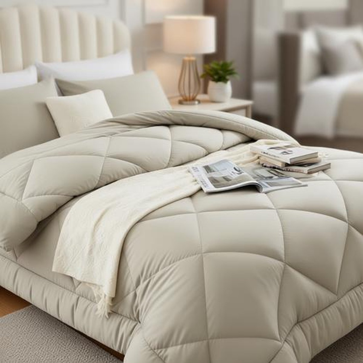 Arvion Dekbed voor Frans bed 4-seizoenen 200x200 cm - Herfst en winterdeken sprei van microvezel, beige