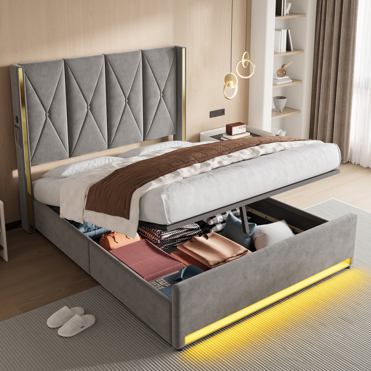 MODFU - Bedframe - Opbergruimte - Ledverlichting - Donkergrijs - Stof - 160 X 200 Cm