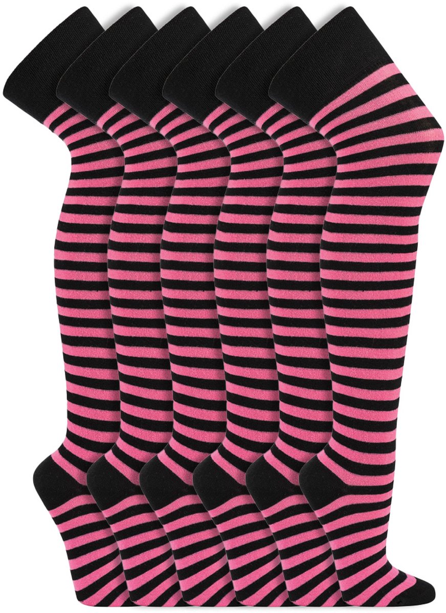 6 Paar - Dames Kniekousen - Katoen - Socks4fun - Roze Zwart - Gestreept