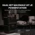 Twee zwarte powerstations op elkaar gestapeld. "HAAL HET MAXIMALE UIT JE POWERSTATION".