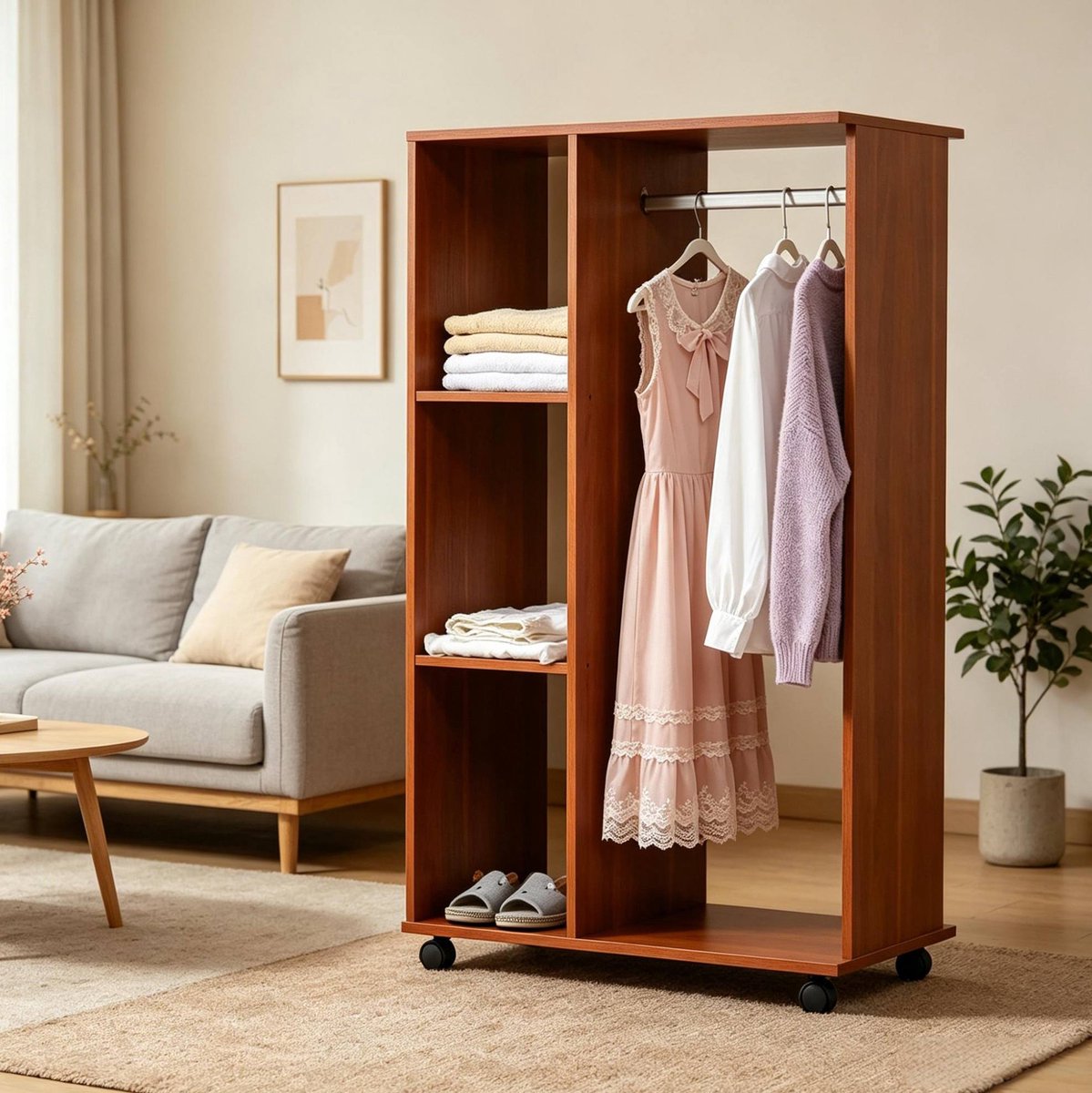 STILVORA Open Kledingkast - Mobiele Opbergkast Met Hanggedeelte En Open Planken - Voor Slaapkamer En Kleedkamer - Spaanplaat En Aluminium - Walnoot - 80x40x128 Cm