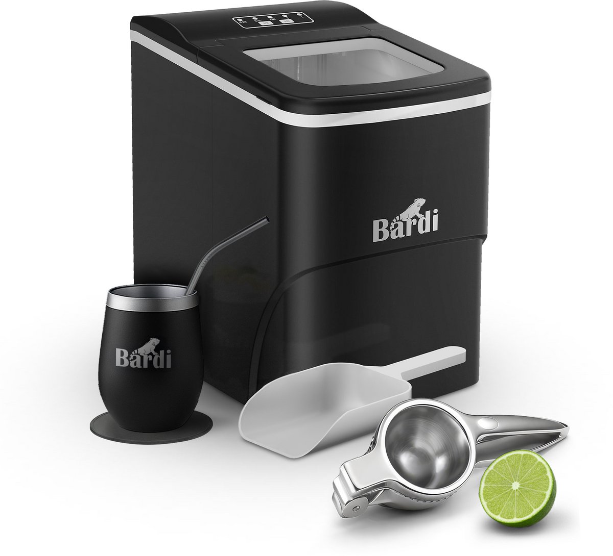 Bardi IJsblokjesmachine Set - 2 Liter - 12KG IJsblokjes in 24 uur - met IJsschep - Inclusief 1 Luxe Thermosbeker - Zwart - Citruspers RVS
