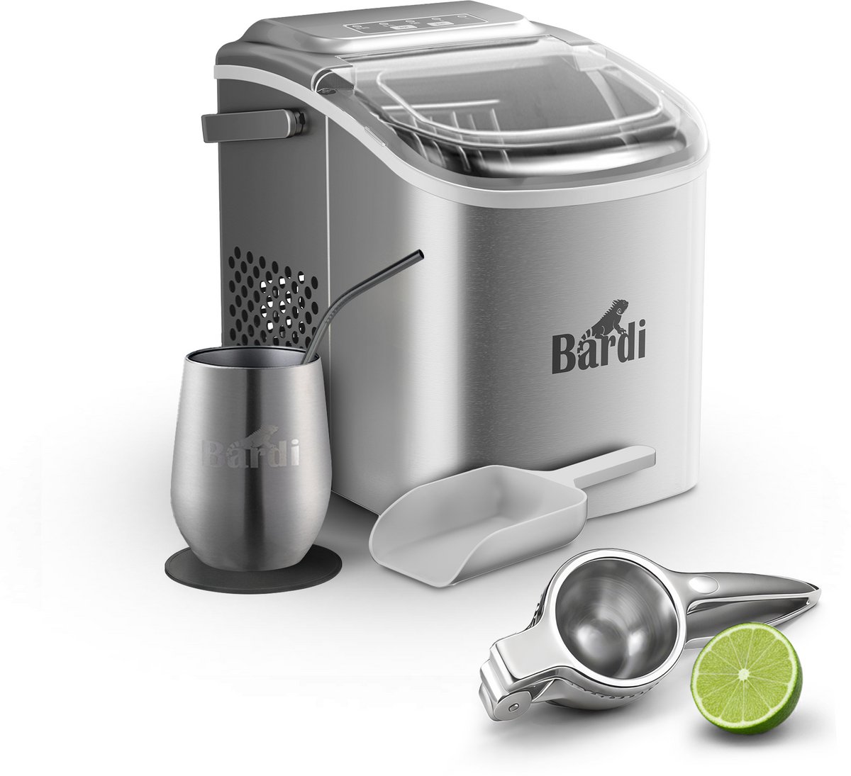 Bardi Deluxe IJsblokjesmachine Set 1,2 Liter - 12KG IJsblokjes in 24 uur - met IJsschep - Inclusief 1 Luxe Thermosbeker en Ijsschep - RVS - Citruspers RVS