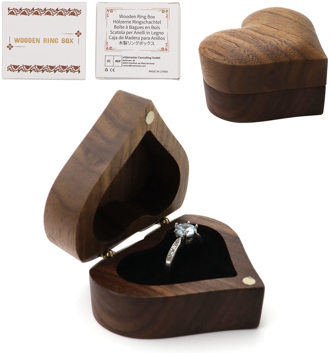 SnelShoppen - Houten Ringbox Walnoot met Fluweel Interieur - Kleine Ringdoos voor Verlovingsring, Trouw, Oorbellen en Sieraden Presentatie (Vol Hart)