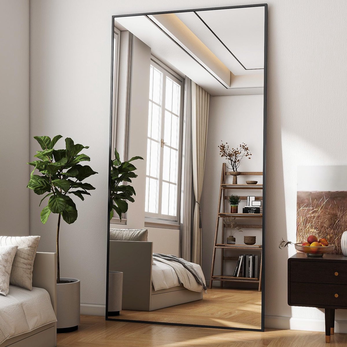 SnelShoppen - Grote Full-Body Spiegel 200 x 90 cm, Staande Vloerspiegel Zwart met Standaard, Hangend of Leunend voor Slaapkamer, Hal, Kleedkamer