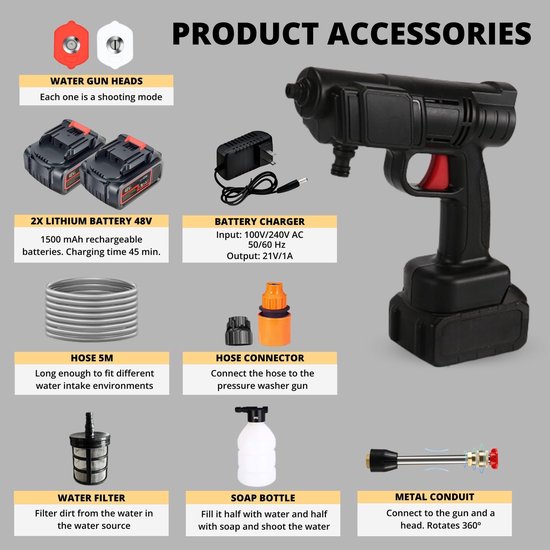SnelShoppen - Draagbare Hogedrukreiniger Accu 48V - 35 Bar/500PSI Reinigingspistool - 1500mAh/300W met Toebehoren voor Auto, Tuin en Buiten - 2 Batter van Snelshoppen — afbeelding 4