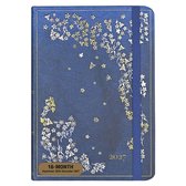 Blauw 16-maanden agenda 2027 met gouden bloemen- en vlinderdecoratie en een elastische sluiting.