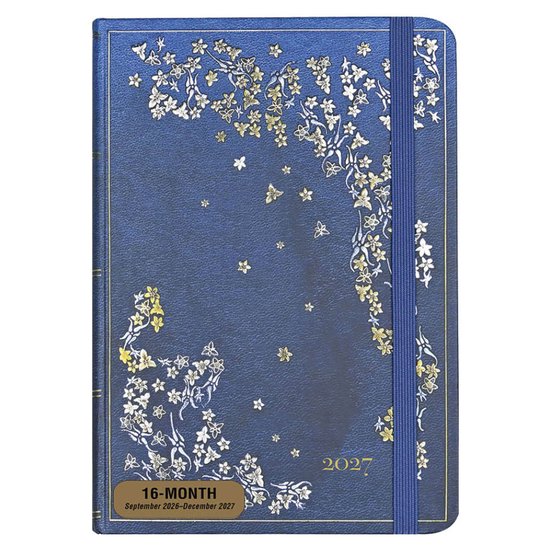 Blauw 16-maanden agenda 2027 met gouden bloemen- en vlinderdecoratie en een elastische sluiting.