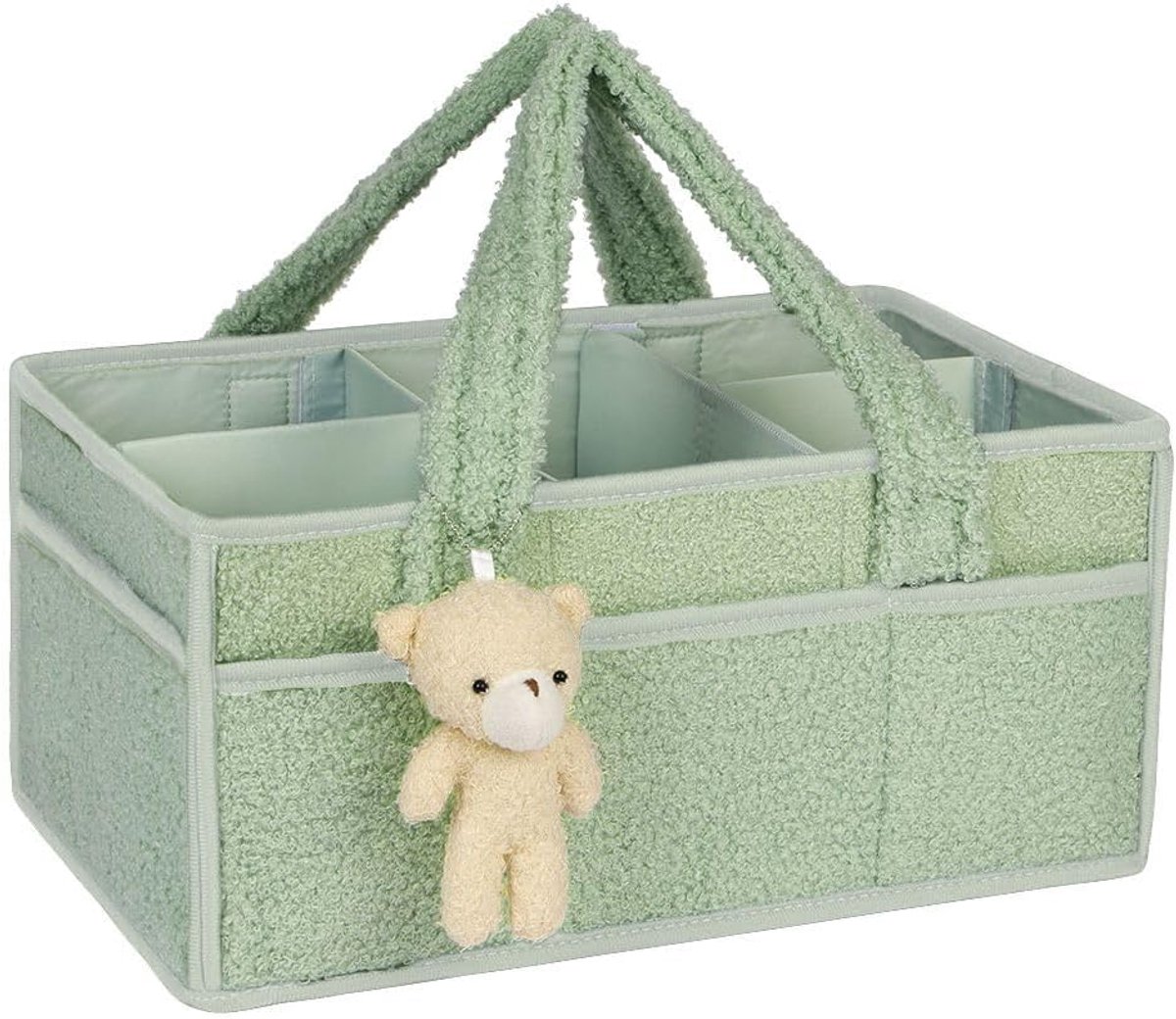 Lichtgroene Teddy Baby Luier Opbergmand | Meerdere Vakken Luiertas met Beerhanger en Konijnenoor Decoratie