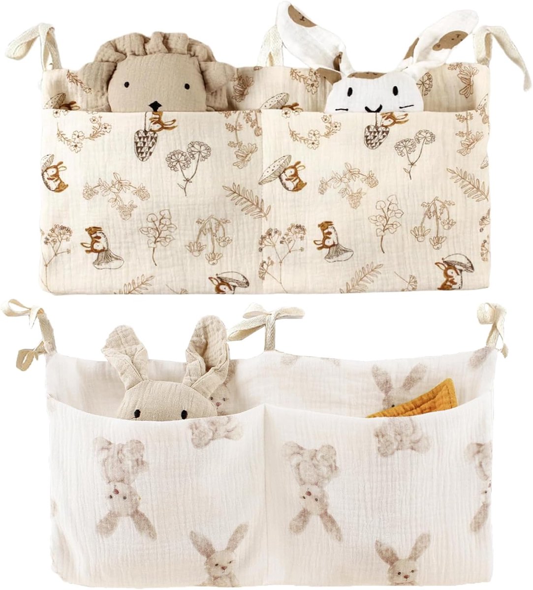 Set van 2 Konijn & Eekhoorn Print Baby Ledikant Hangopbergtassen | Dubbelvak Muisdoek Luier Opbergzak met Strikbandjes