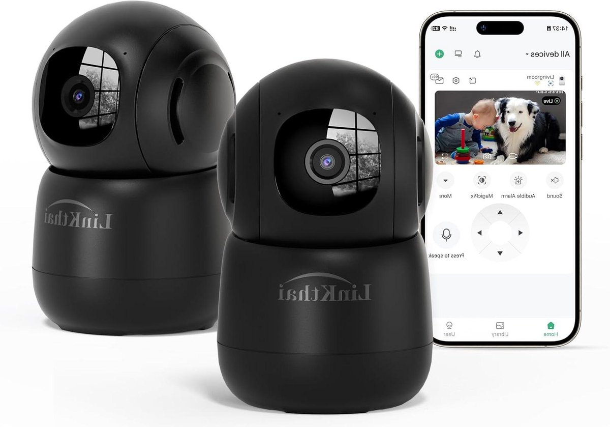 Huisdiercamera Beveiligingscamera - Binnen Camera Wifi - Huis Duidelijk Zien - 360 Graden Panoramisch - 2 Stuks - Zwart