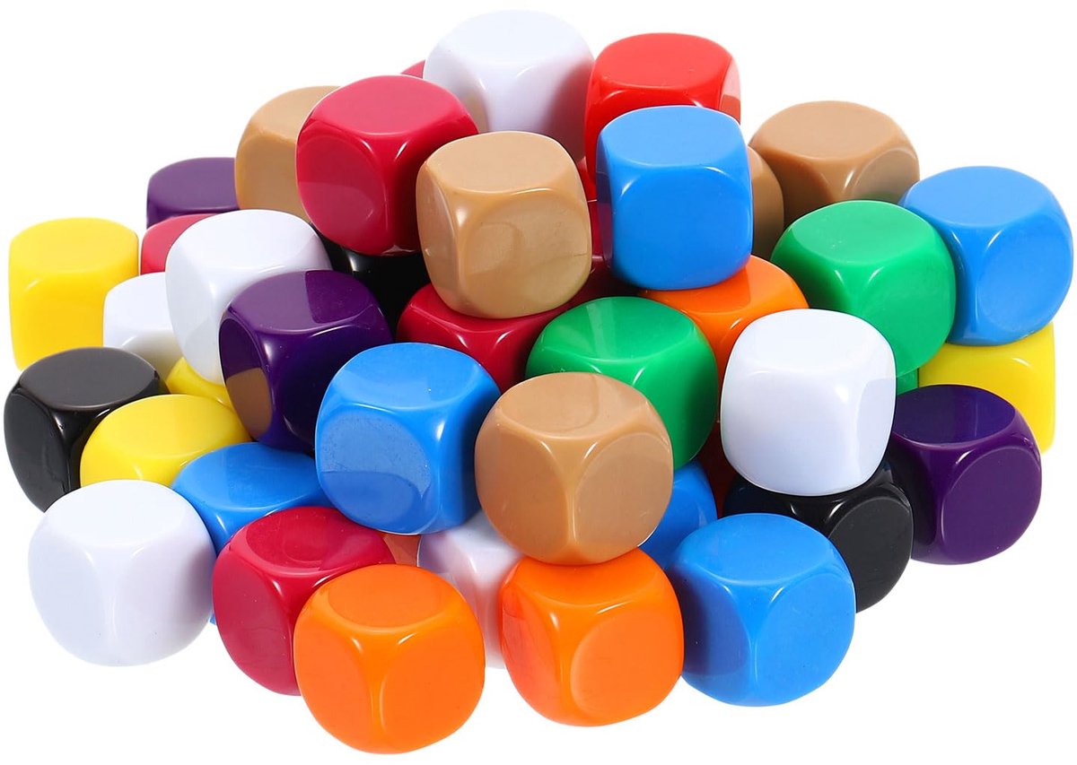 SnelShoppen - 100 stuks blanco zeszijdige dobbelstenen 16 mm acryl, afgerond, 10 kleuren, perfect voor feestspellen, DIY knutselen, leren tellen