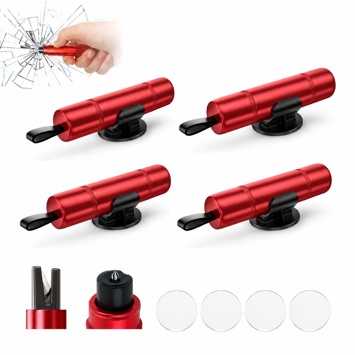 Veiligheidshamer / Noodhamer Auto - 2 in 1 Ruitenbreker & Gordelsnijder - Set van 4 - Inclusief Testglas & Zelfklevende Houder - Draagbare Auto Veiligheidsset - Rood - SOLLBRY®
