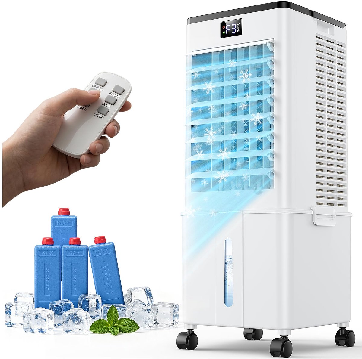 SnelShoppen - 4-in-1 Draagbare Airconditioner - Verdampingsluchtkoeler met 10L Watertank, 4 Standen en 3 Snelheden, 1-12 Uur Timer, Wielen, Thuisgebru