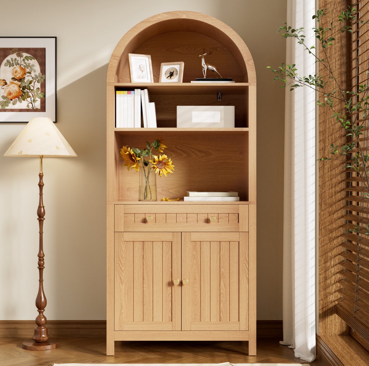 STILVORA Hoge Opbergkast Met Bogenfront En Open Vakken - Lade En Dubbeldeuren Met Kruidenrekken - Voor Keuken En Woonkamer - Naturel - 76x40x180 Cm