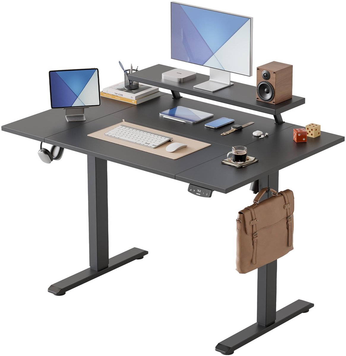 SnelShoppen - Elektrisch in Hoogte Verstelbaar Bureau 120x80 cm met Beweegbare Monitorstandaard, Sta Bureau met 2 Geheugentoetsen en 4-Delig Tafelblad