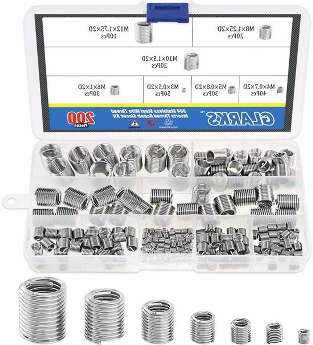 Set van 200 Draad Inserts - Roestvrij Staal 304 - Spiral Draad Inserts voor Auto Reparatie - M3 M4 M5 M6 M8 M10 M12 Assortiment