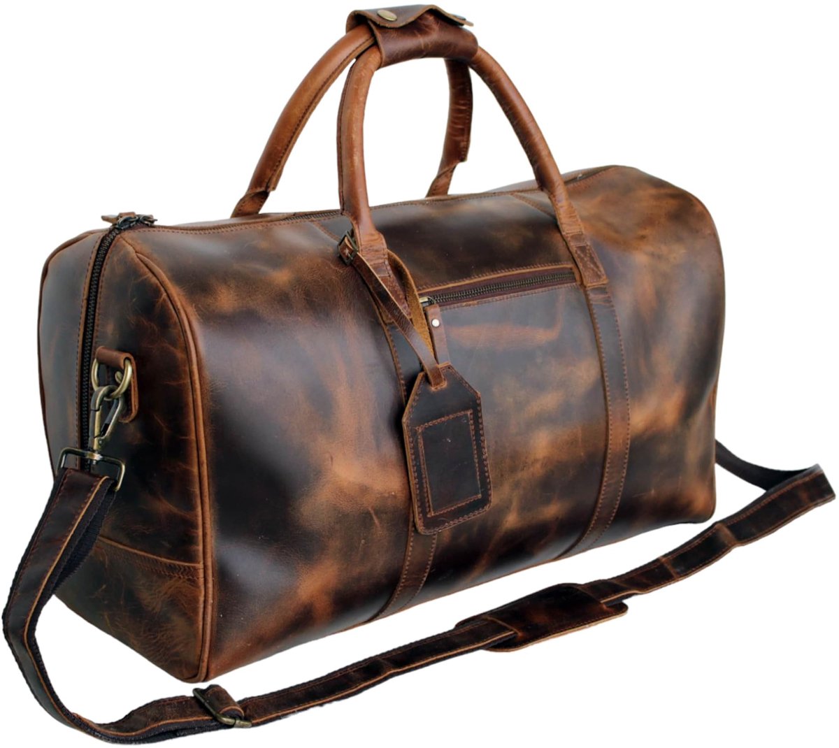 SnelShoppen - Jaald 50 cm Leren Tas - Weekendtas, Reistas, Sporttas van Echt Buffelleer, Waterdichte Duffeltas in Bruin voor Weekendtrip, Handbagage,