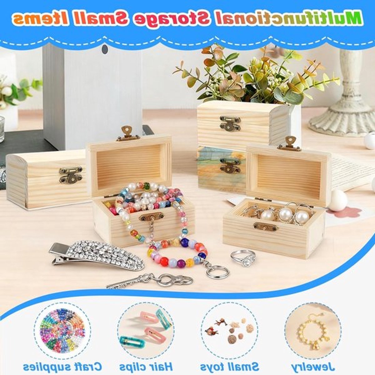 Houten Doos met Deksel en Sluiting, Rechthoekige Schatkist voor Opslag, DIY Projecten en Cadeaus, Perfect voor Feestjes en Decoratie (9 x 5.5 x 5 cm)